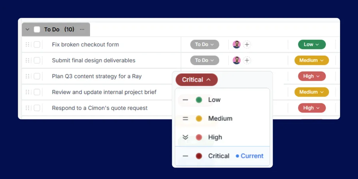 Panel de detalles de tarea en Worklenz mostrando el menu desplegable de prioridad establecido en Alto