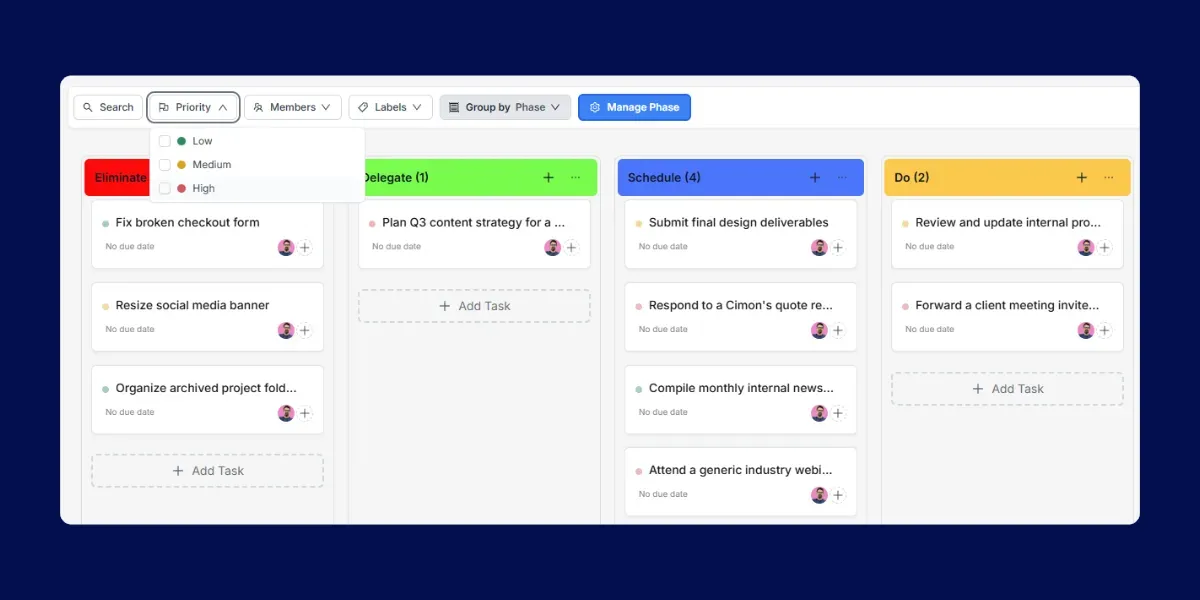 Quadro Kanban do Worklenz agrupado por Fase com quatro colunas e filtro de Status ativo para mostrar apenas tarefas abertas