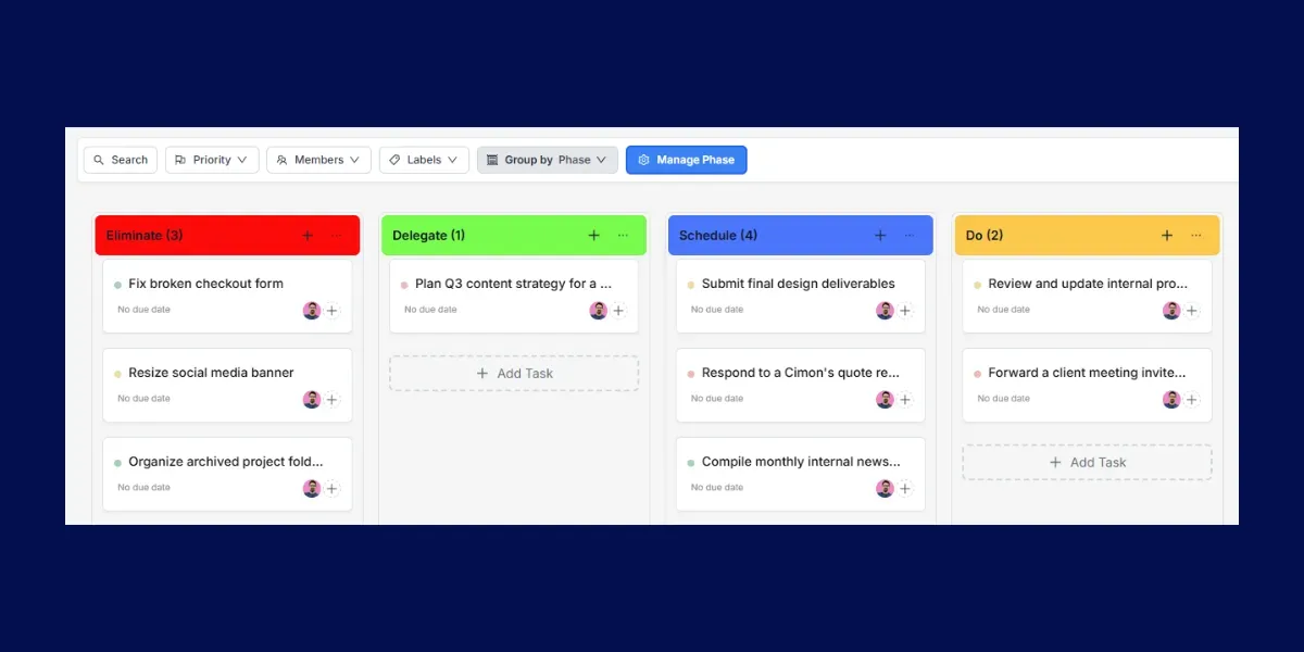 Quadro Kanban do Worklenz com uma tarefa sendo arrastada da coluna Agendar para a coluna Fazer