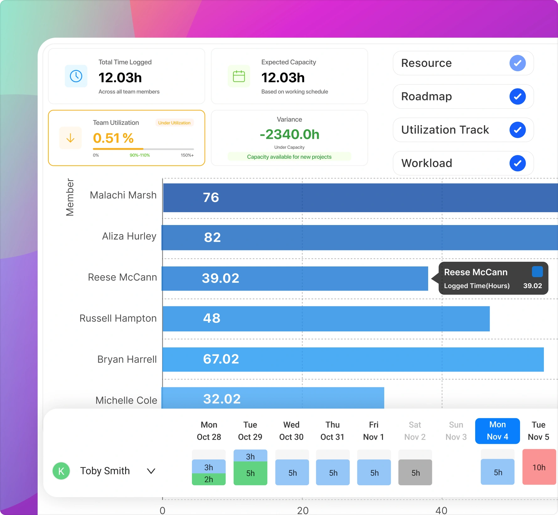 Team and client management interface with contact details and roles