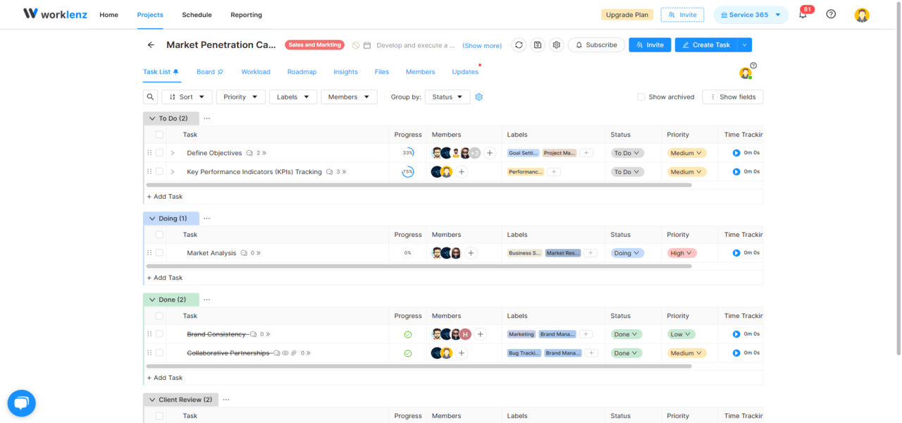 the task assignment interface, showing a task list, assignees, and status progress bars.