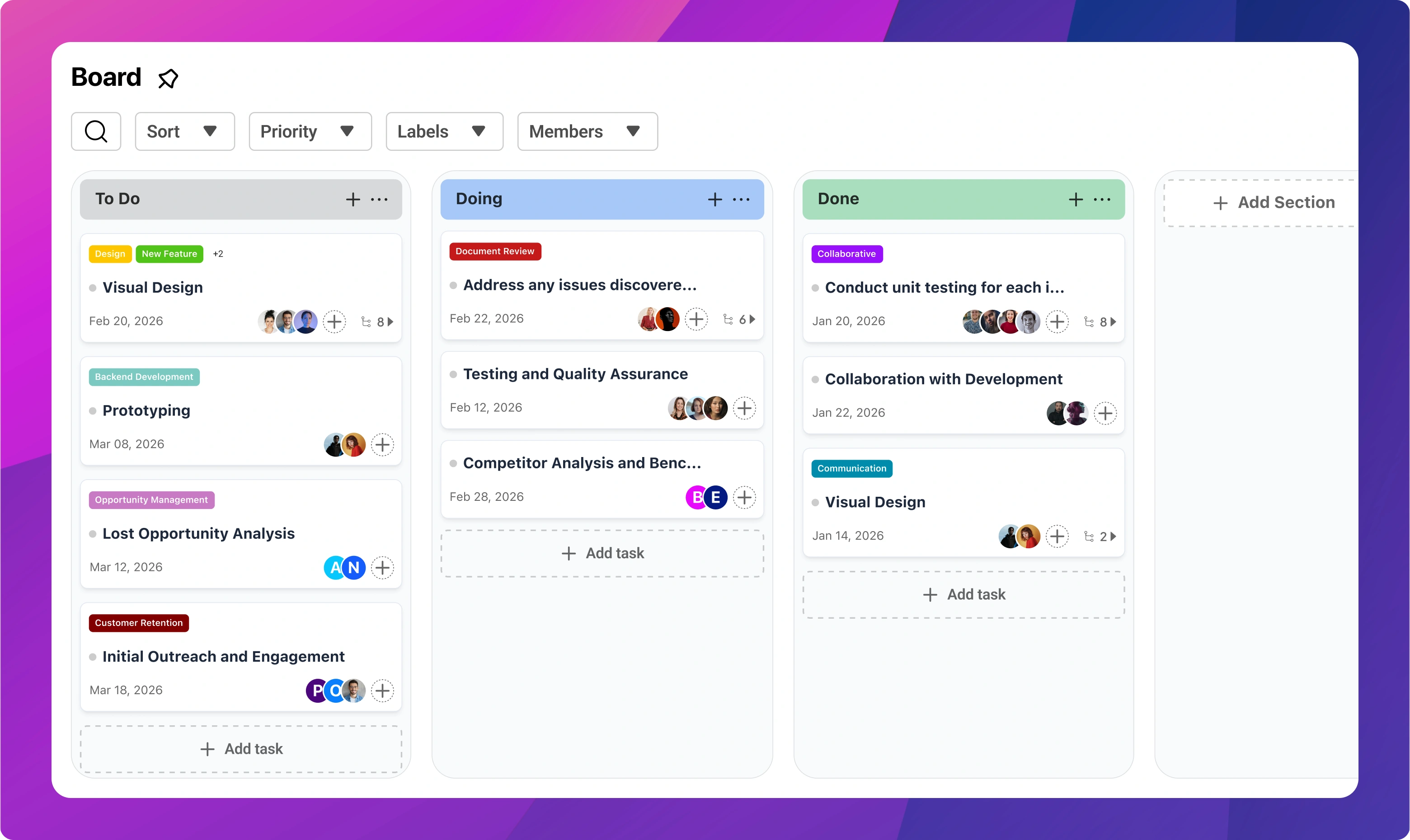 Tablero de entrega de proyectos de servicios con etapas de flujo de trabajo
